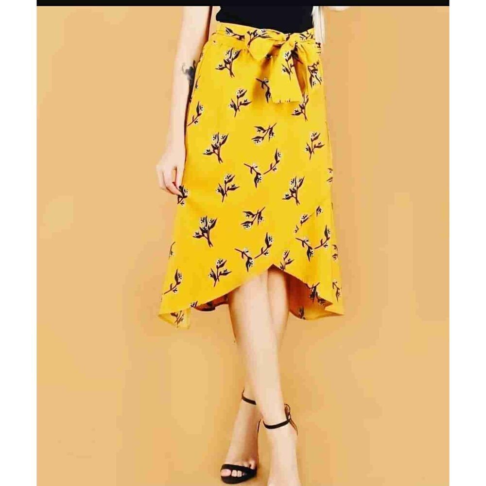 NWT Loft Yellow Floral Faux Wrap Skirt With Tie Belt Zipper Size 4
